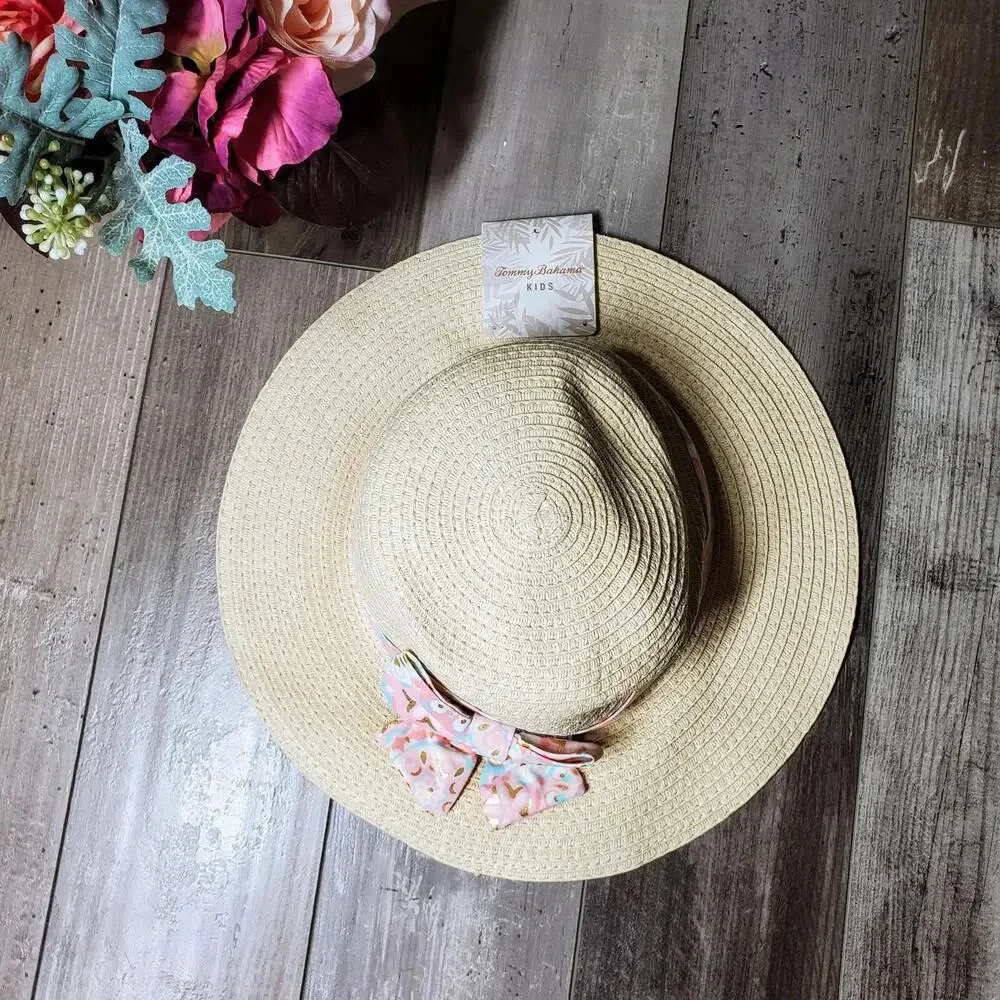 NWT Tommy Bahama Kids Girls Straw Hat with Blue & Pink Metallic Bow